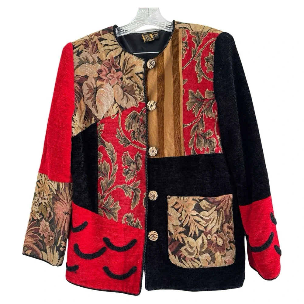 ALLURE Vtg Women Red Blk Embroidered Patchwork Button Front‎ Jacket Blazer-SMALL